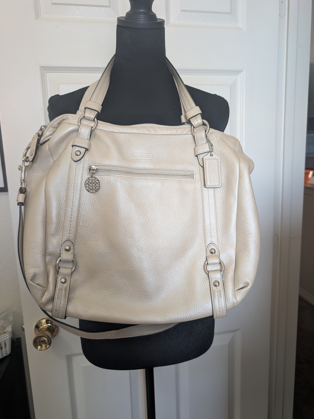 Coach Light Taupe Pebbled Leather Tote with Silver Hardware